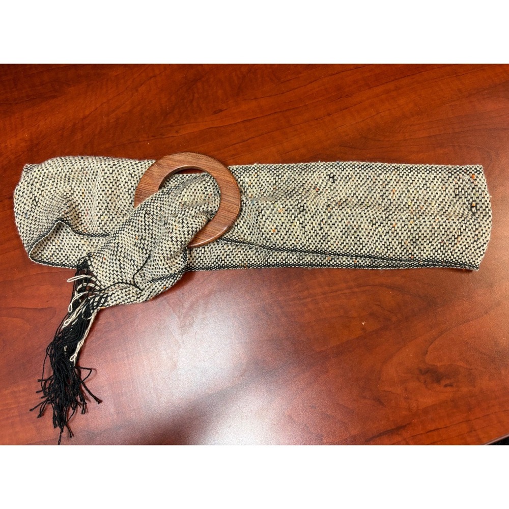 Woven Fabric Sash Belt Wooden Ring Buckle Fringed Tweed Boho Neutral Wide Wrap